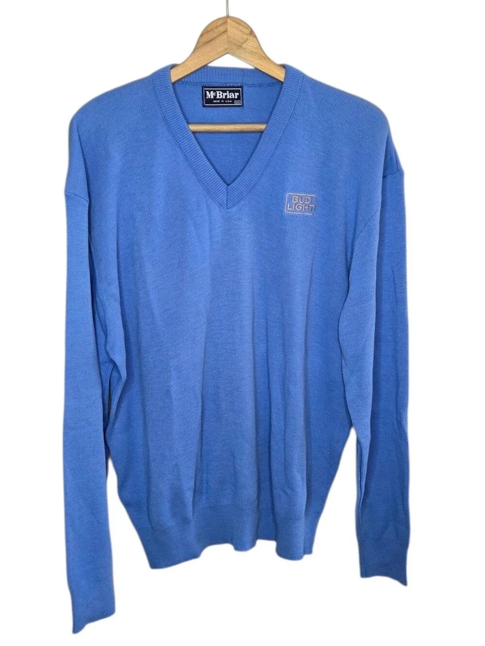 Vintage NEW McBriar Bud Light Cornflower Blue V-neck Pullover Sweater Size XXL